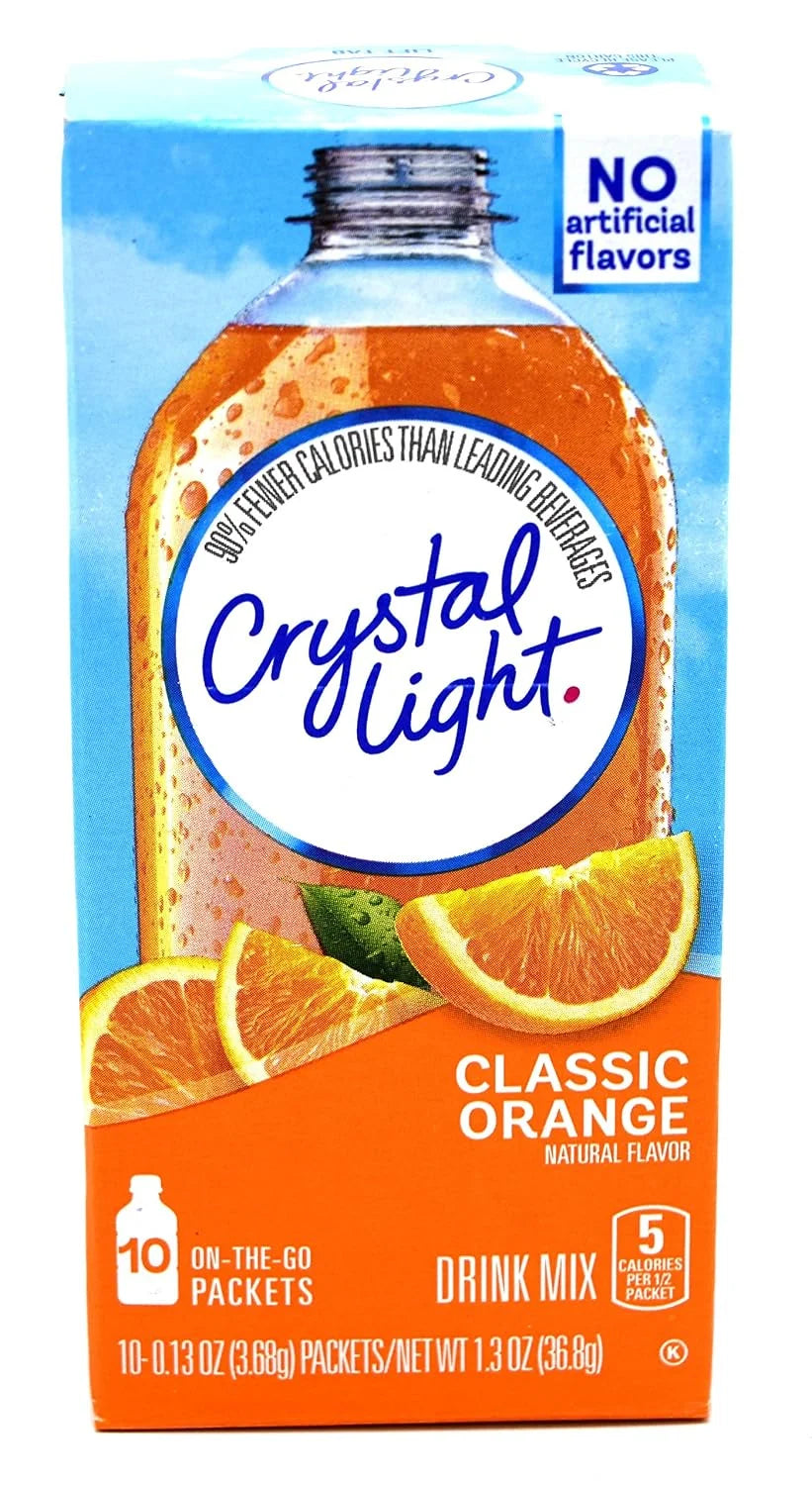 Crystal Light On-The-Go Drink Mix Packets, Zero Sugar Powdered Water Enhancer, Natural Flavor Low Calorie Beverage Mix, Powdered Soft Drink Mix for Flavorful Hydration, Classic Orange, 0.13 Ounce Packets, 10 Count (Pack of 1)