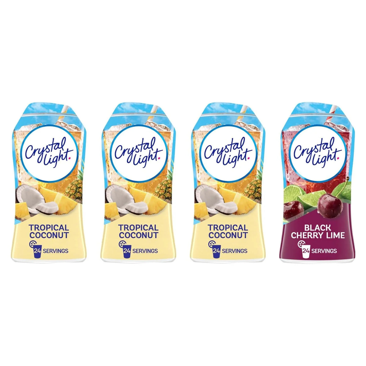 Crystal Light Liquid Water Enhancer, (4 Count) - 3 Tropical Coconut & 1 Black Cherry Lime - Low Calorie & Sugar Free Water Flavoring drink Mix Drops (Variety Pack)