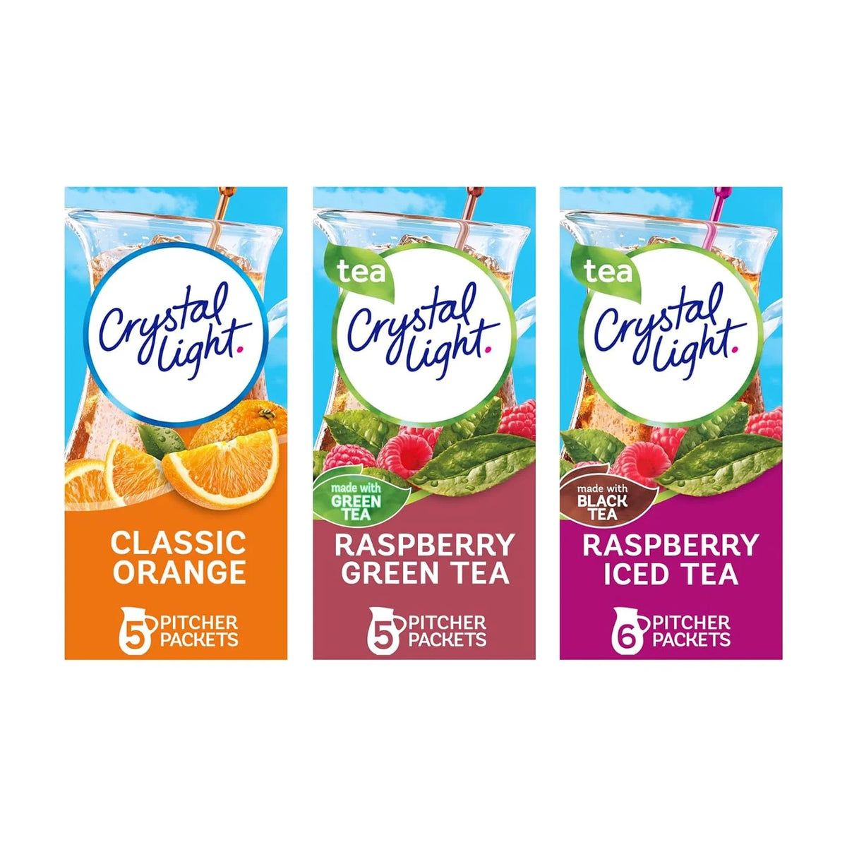 Crystal Light Drink Mix Variety Pack, Low Calorie Powdered Beverage Mix for Water Flavoring and Refreshing Drinks, Classic Orange, Raspberry Green Tea and Raspberry Iced Tea (Variety Pack)