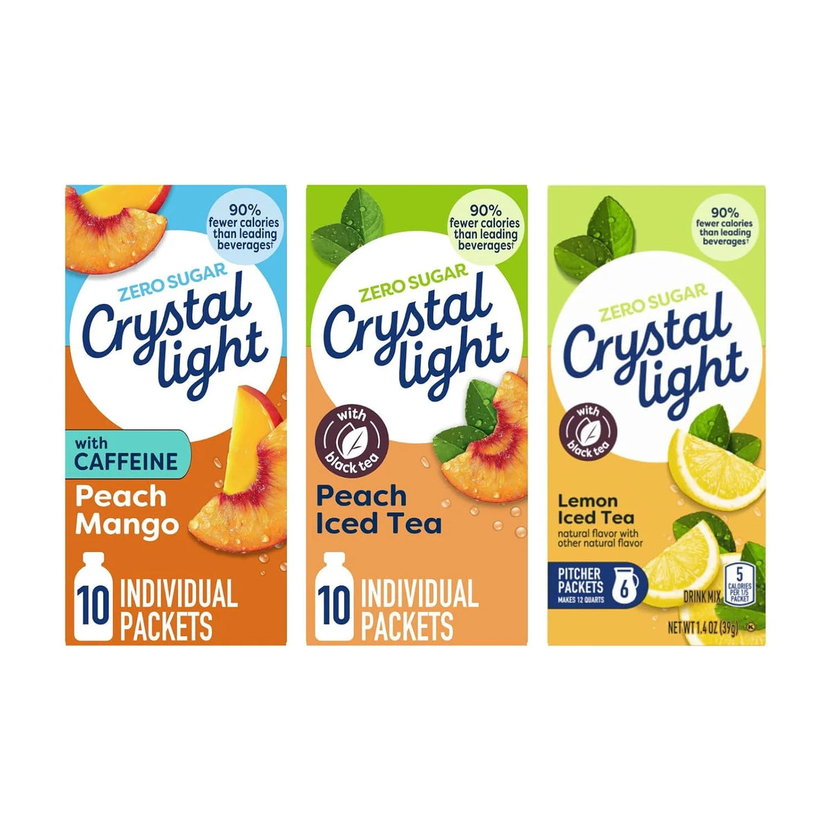 Crystal Light Drink Mix – Peach Mango with Caffeine (10 CT), Peach Iced Tea On-The-Go (10 CT) & Lemon Iced Tea Canister (12 Quart, 6 CT), Sugar-Free Powdered Beverage Mix (Variety Pack)